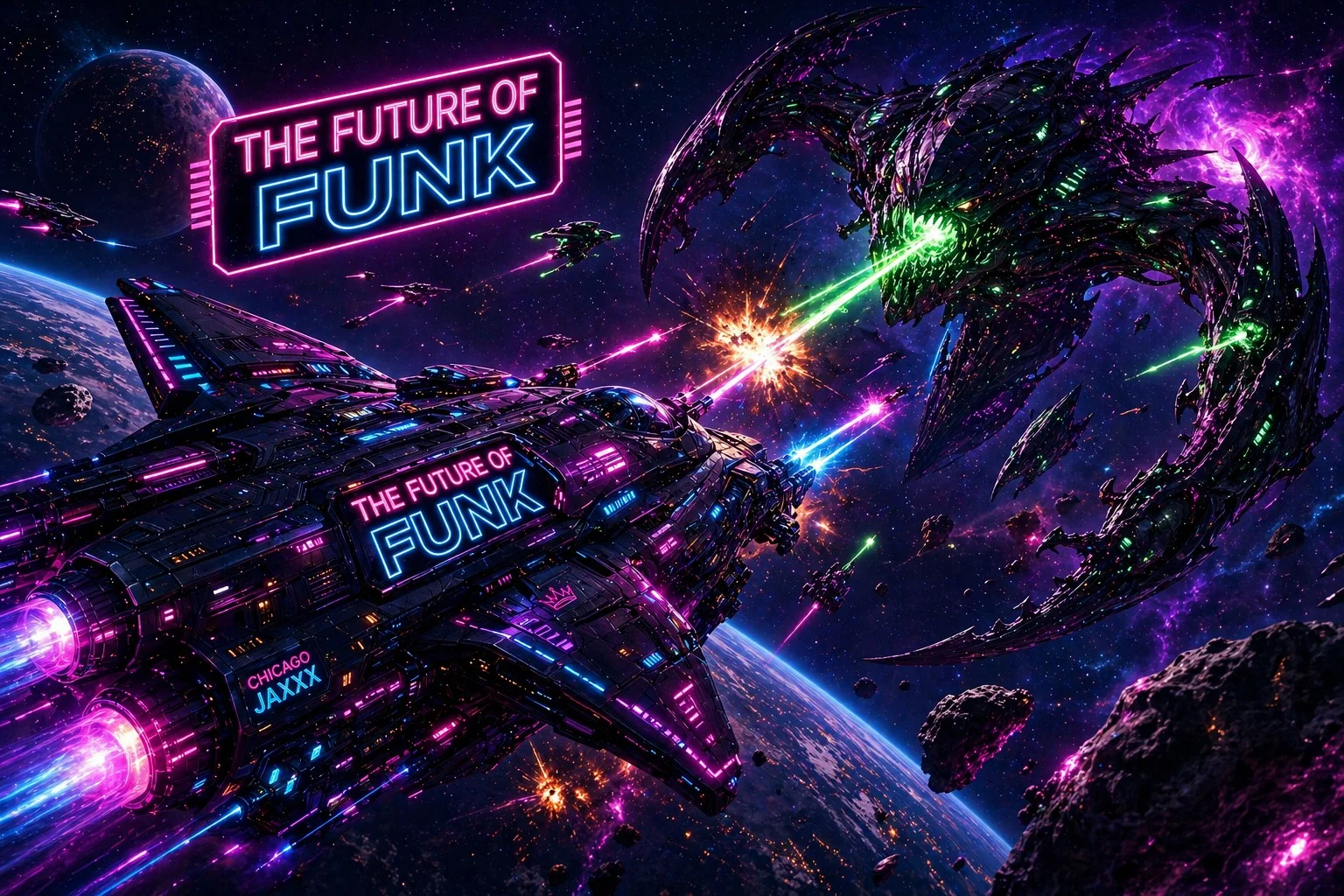 Future of Funk starfighters and Chicago Jaxxx carrier engaging hostile alien craft
